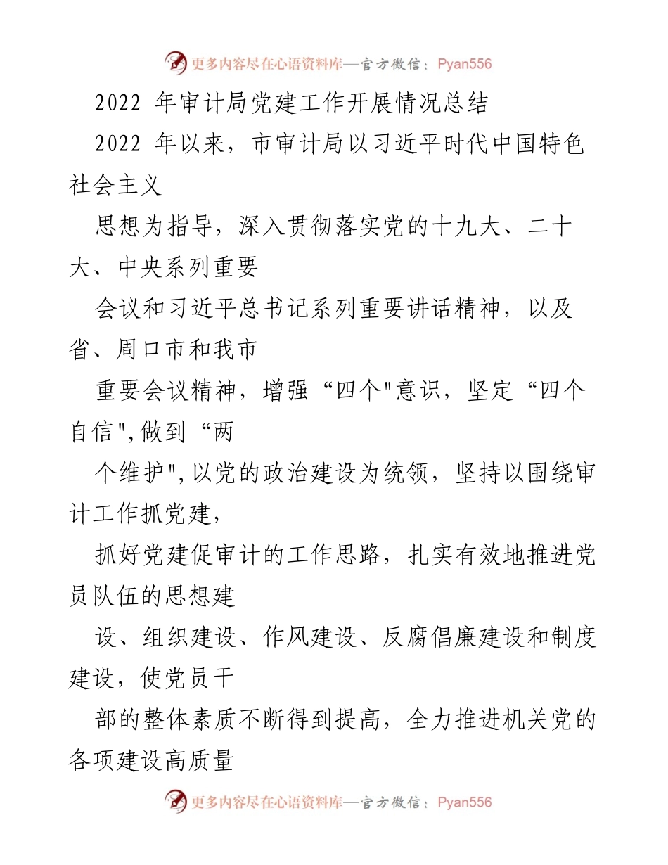[工作总结] 党建工作 - 2022年市审计局党建工作开展情况总结.docx_第1页
