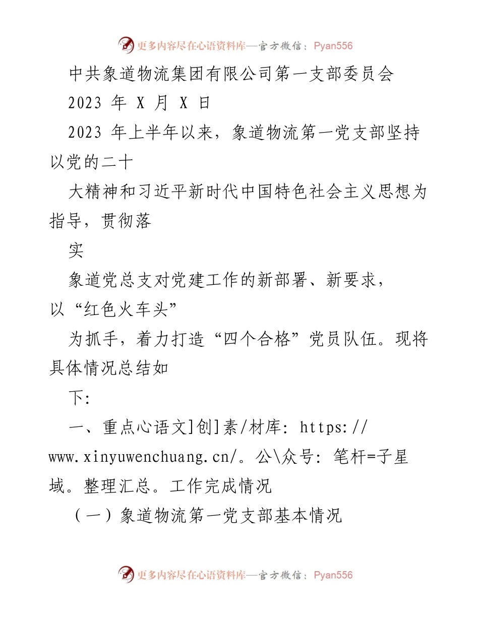 [工作总结] 党建工作 - 象道物流第一党支部2023年上半年党建工作总结.docx_第1页