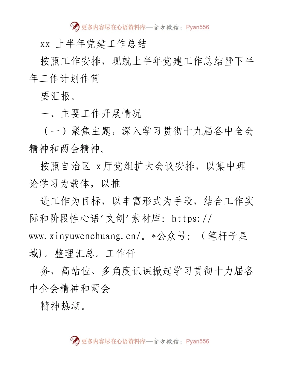 [工作总结] 党建工作 - 上半年党建工作总结与下半年计划汇报.docx_第1页