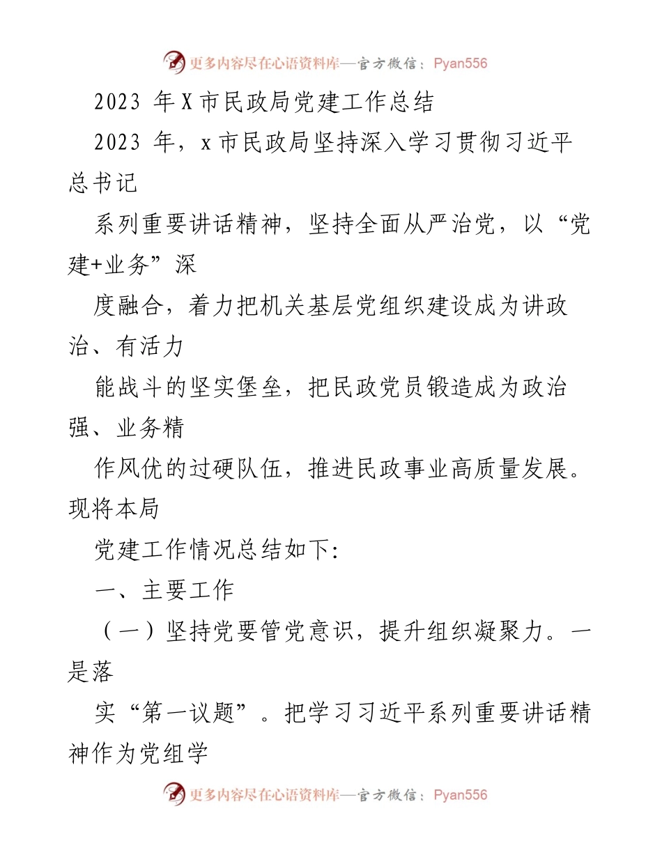 [工作总结] 党建工作总结 - 2023年X市民政局党建工作总结.docx_第1页