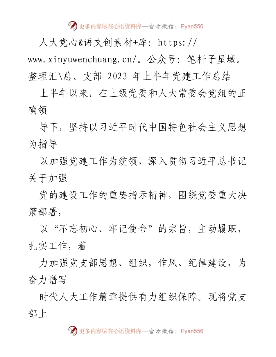 [工作总结] 人大党支部 - 2023年上半年党建工作总结与成效分析.docx_第1页