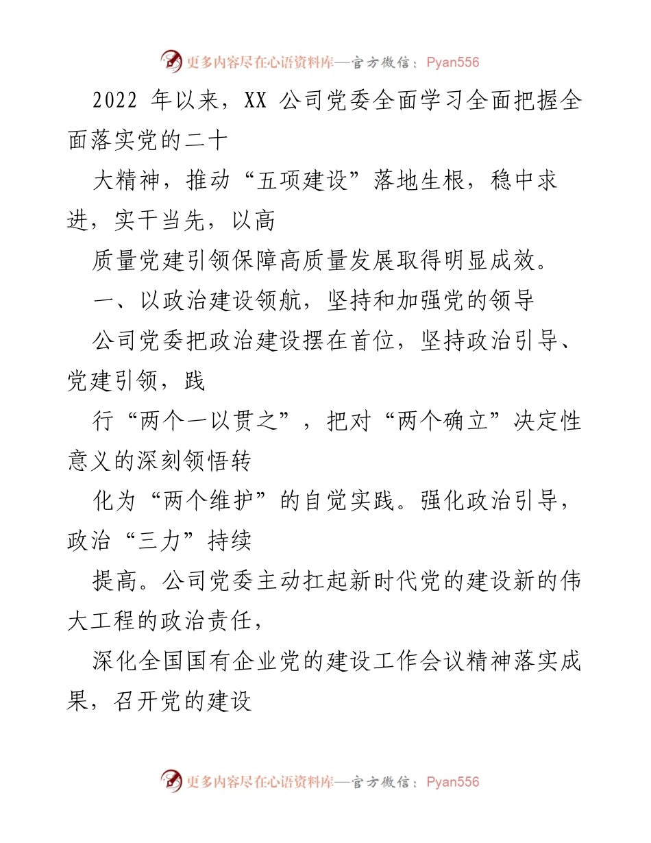 [工作总结] 党建工作会议 - 2022年XX公司党建工作成效总结.docx_第1页