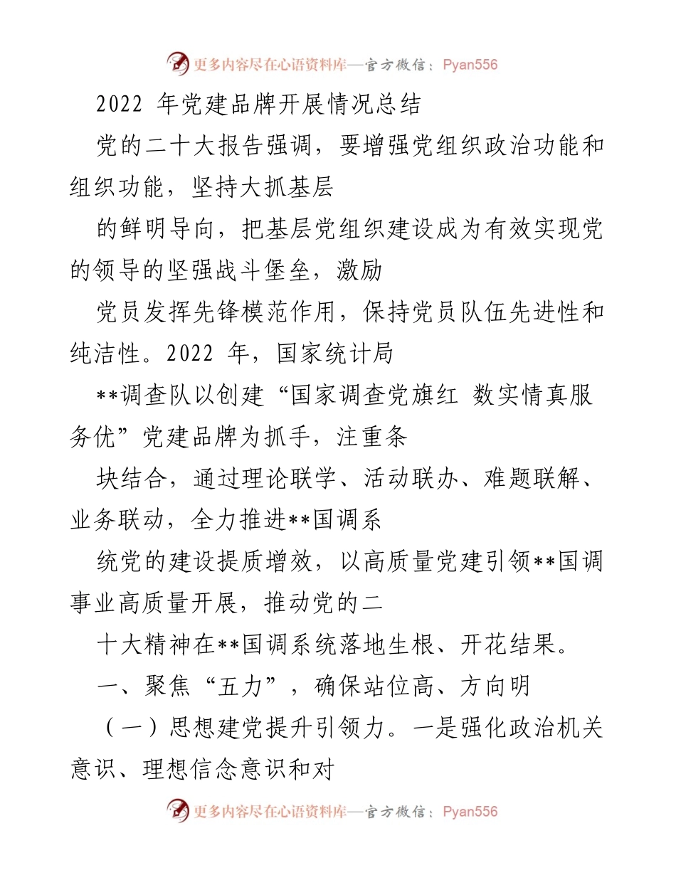 [工作总结] 党建工作 - 2022年国家统计局党建品牌建设情况总结.docx_第1页
