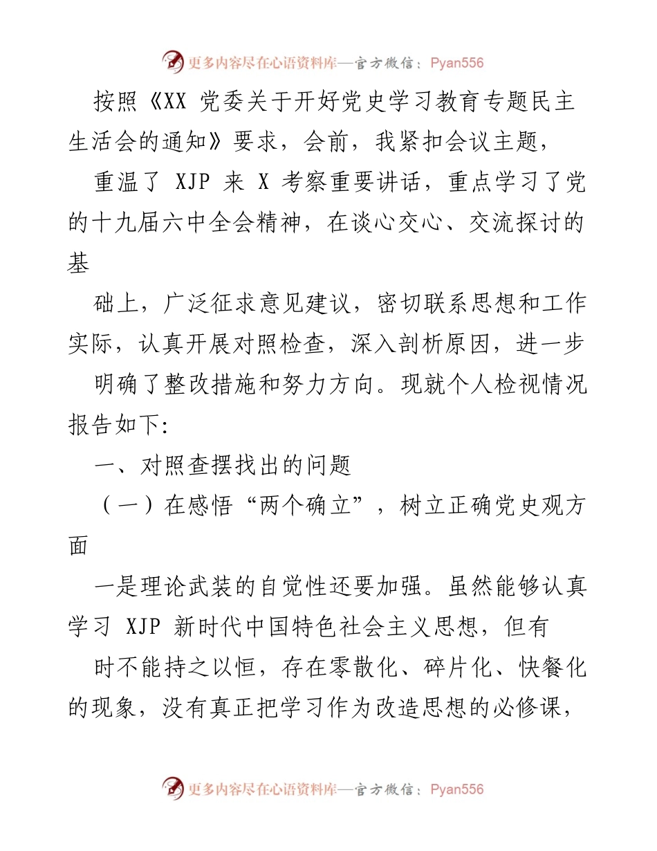 [工作总结] 党史学习教育专题民主生活会 - 个人检视情况报告.docx_第1页