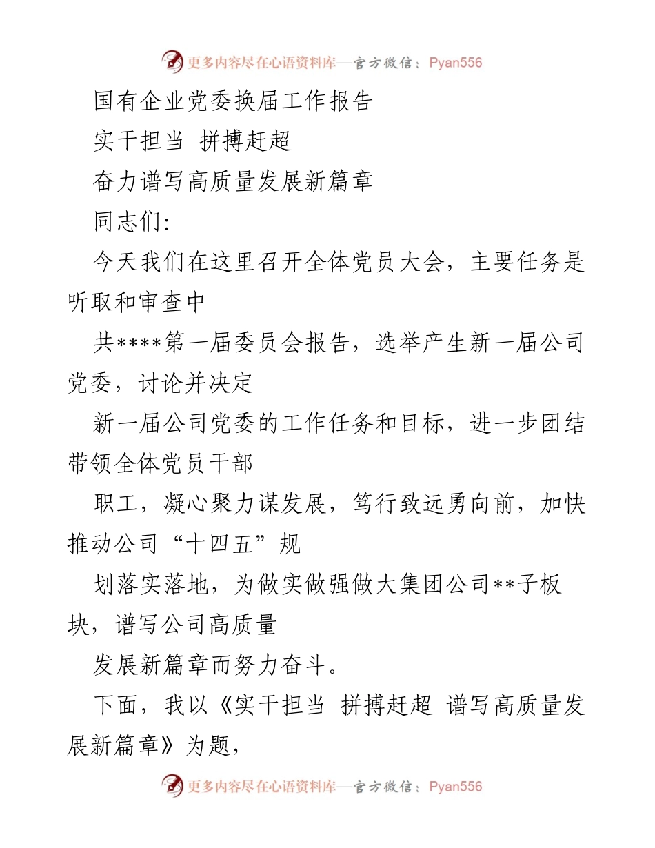 [工作总结] 党委换届大会 - 国有企业党委换届工作报告：实干担当，拼搏赶超，谱写高质量发展新篇章.docx_第1页