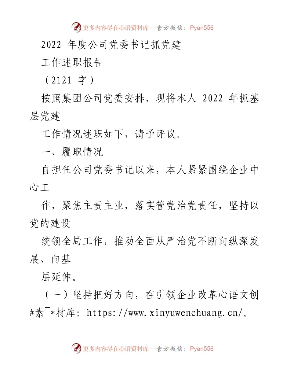 [工作总结] 党委工作 - 2022年度公司党委书记党建工作述职报告.docx_第1页
