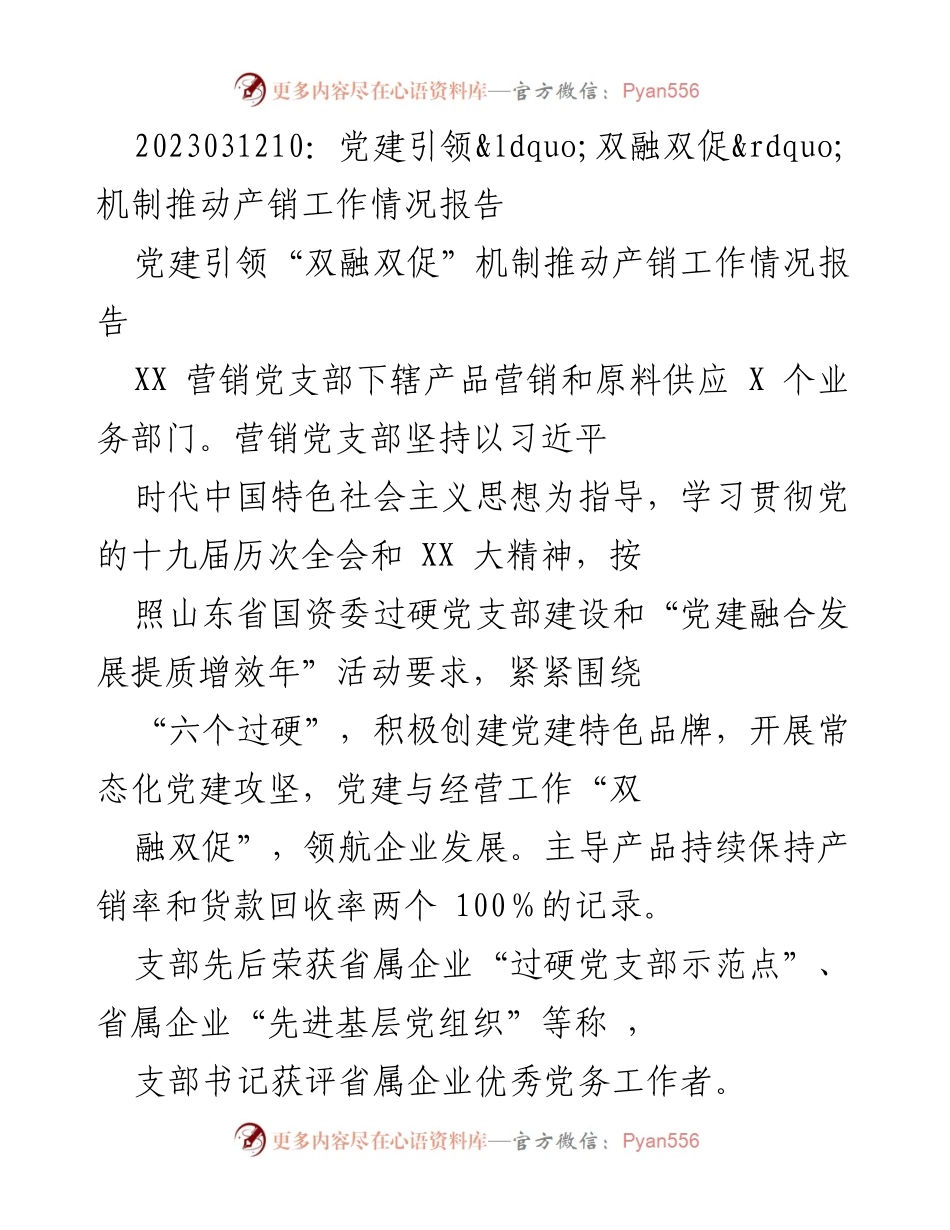 [工作总结] 党建工作 - 党建引领“双融双促”机制推动产销工作情况报告.docx_第1页