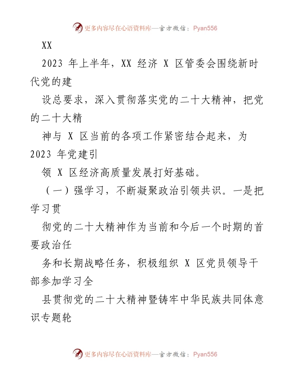 [工作总结] 党建工作 - 2023年上半年XX经济X区党建工作总结.docx_第1页