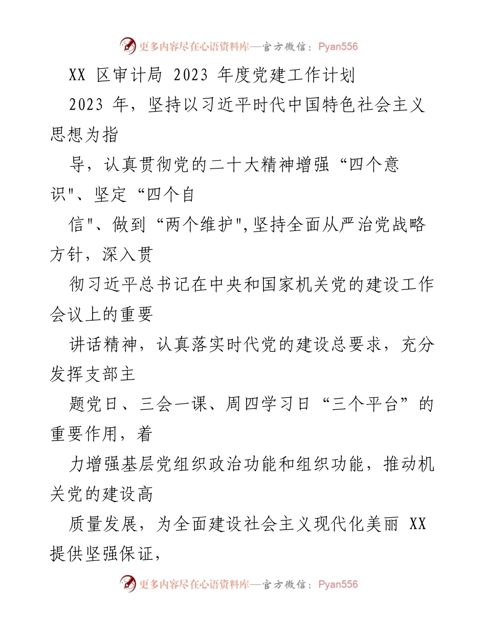 [工作总结] 党建工作 - XX区审计局2023年度党建工作计划.docx_第1页