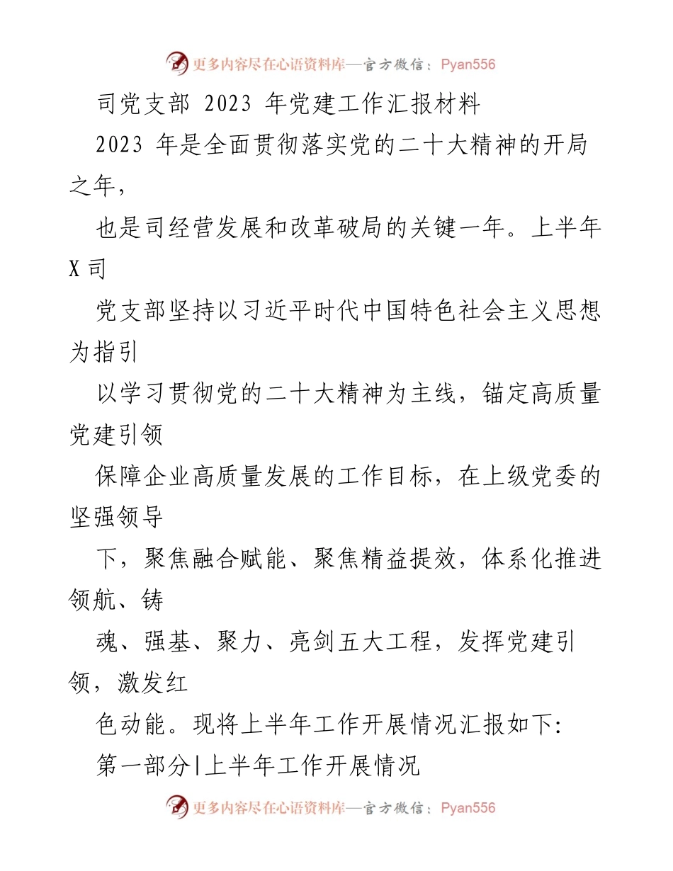 [工作总结] 党建工作 - 2023年上半年X司党支部党建工作汇报.docx_第1页