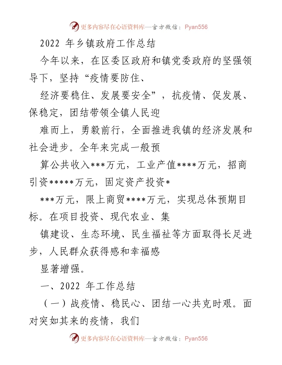 [工作总结] 乡镇政府 - 2022年乡镇政府工作总结与疫情防控措施.docx_第1页