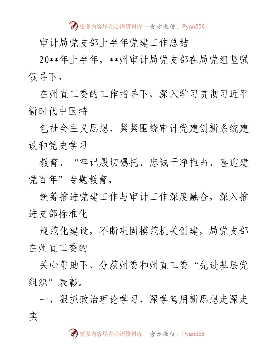 [工作总结] 党建工作 - 审计局党支部上半年党建工作总结.docx_第1页