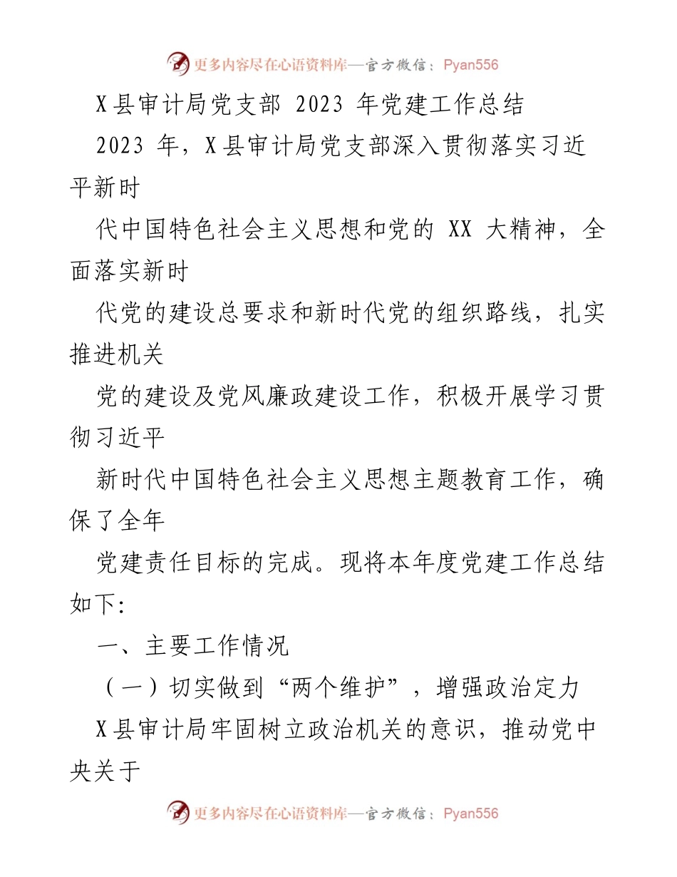 [工作总结] 党建工作 - X县审计局党支部2023年党建工作总结.docx_第1页