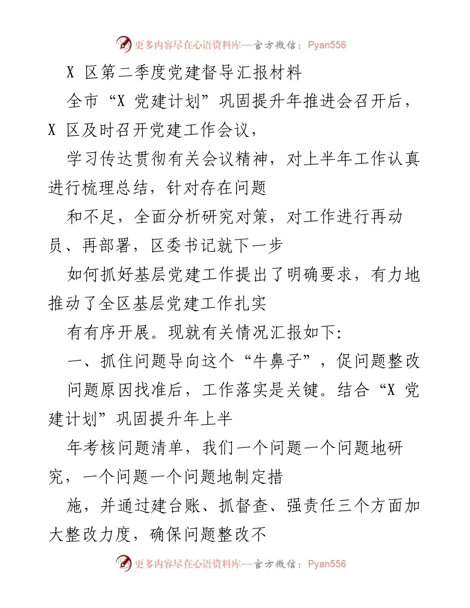 [工作总结] 党建工作会议 - X 区第二季度党建工作督导汇报总结.docx_第1页