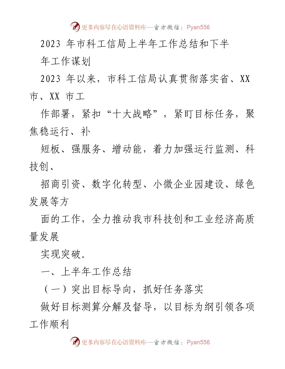 [工作总结] 会议 - 2023年市科工信局上半年工作总结与下半年工作谋划.docx_第1页