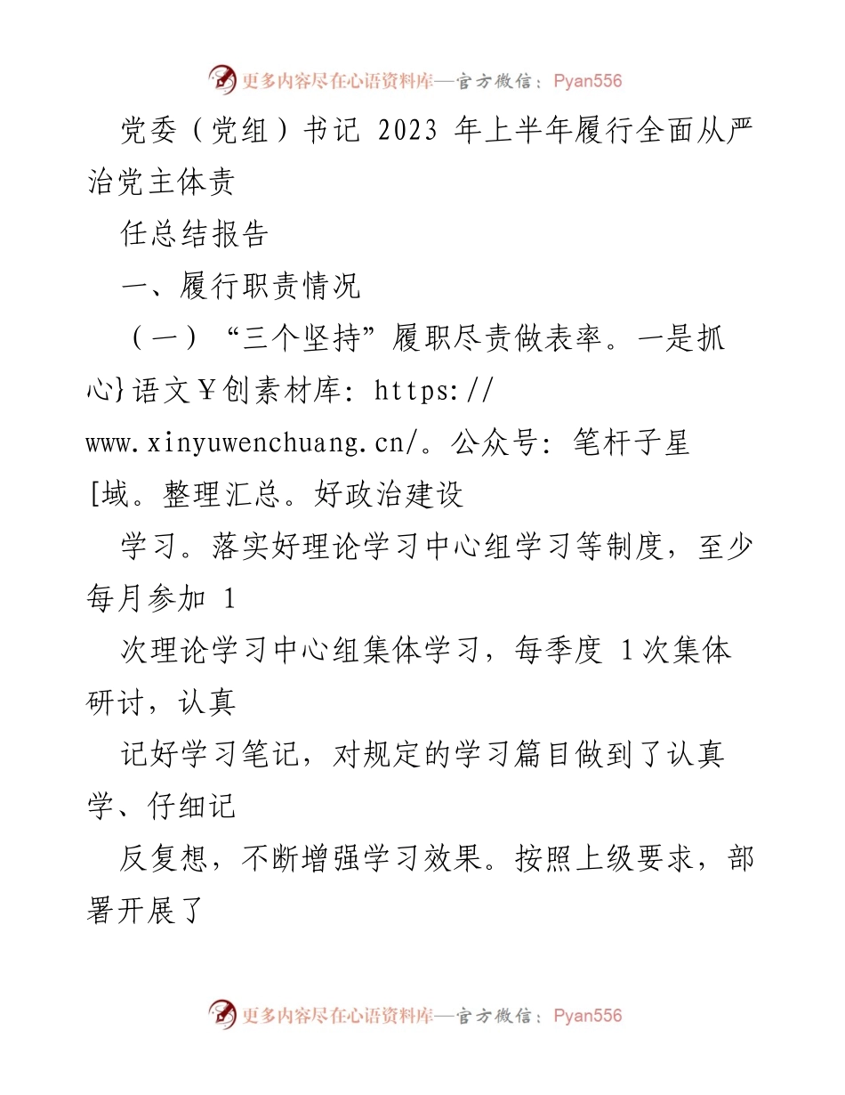 [工作总结] 党委（党组）书记 - 2023年上半年全面从严治党责任履行总结报告.docx_第1页
