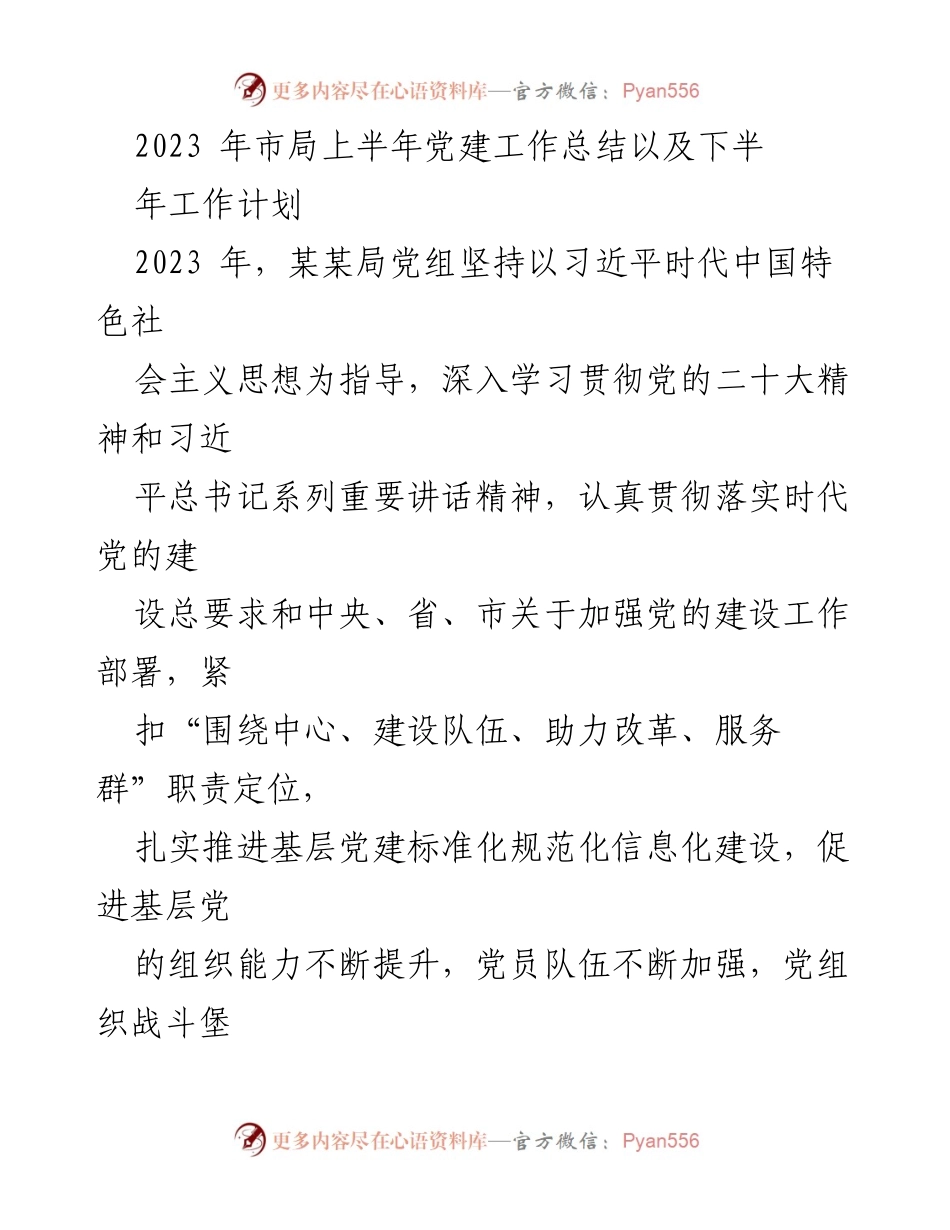 [工作总结] 党建工作 - 2023年市局上半年党建工作总结及下半年工作计划_1.docx_第1页