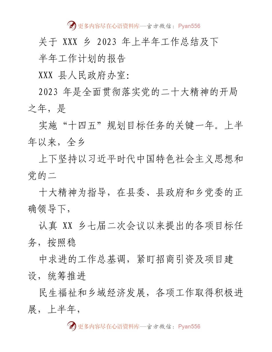 [工作总结] 乡镇政府 - 2023年上半年工作总结及下半年工作计划报告.docx_第1页