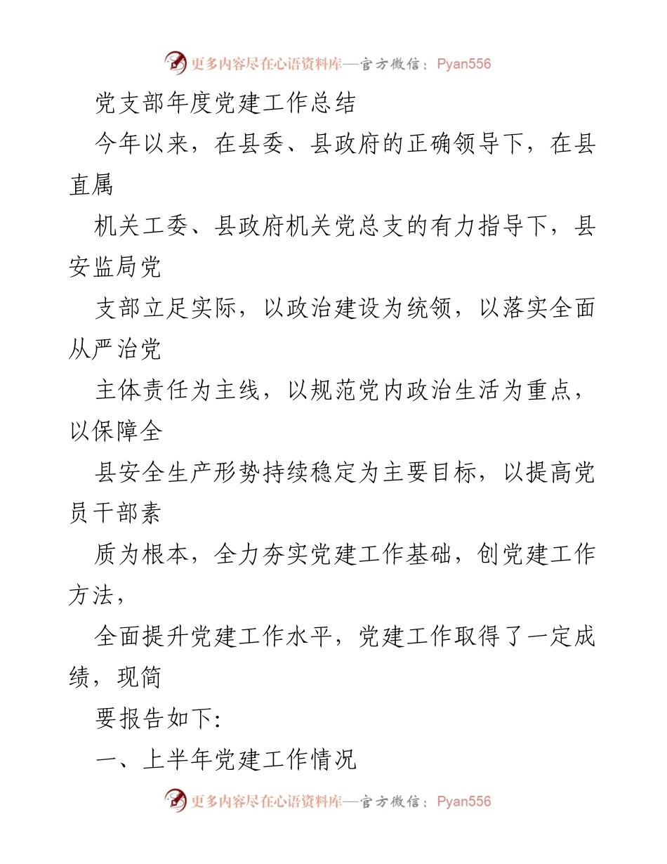 [工作总结] 党建工作 - 县安监局党支部年度党建工作总结.docx_第1页