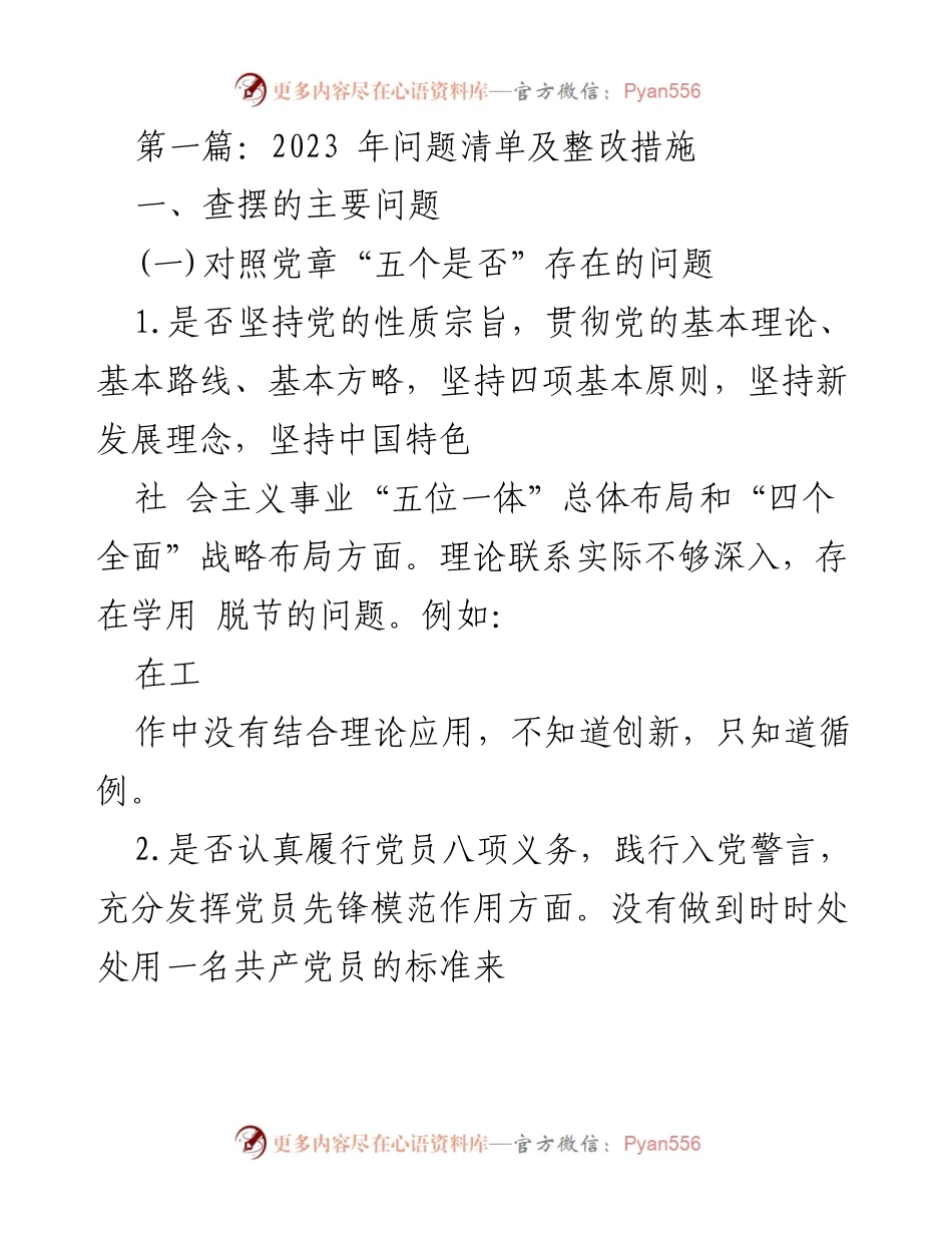[工作总结] 党内整改 - 2023年党员问题清单及整改措施.docx_第1页