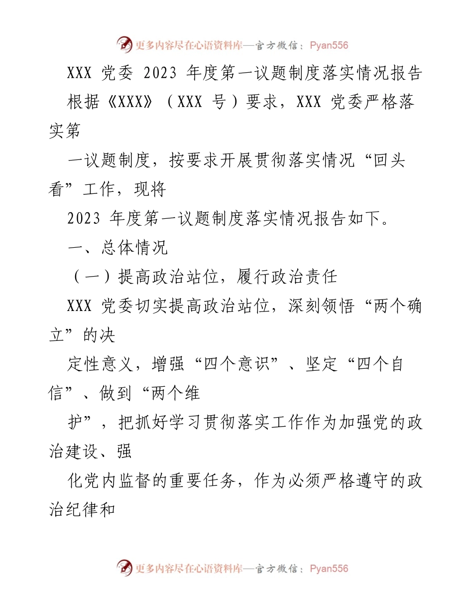 [工作总结] 党委年度工作 - 2023年度第一议题制度落实情况报告.docx_第1页