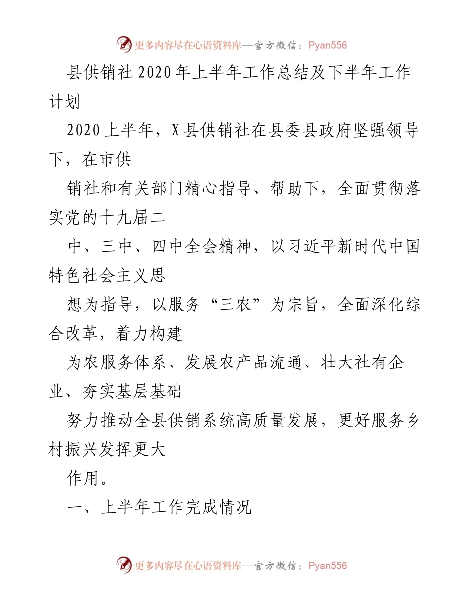 [工作总结] 供销社 - 2020年上半年工作总结与下半年工作计划.docx_第1页