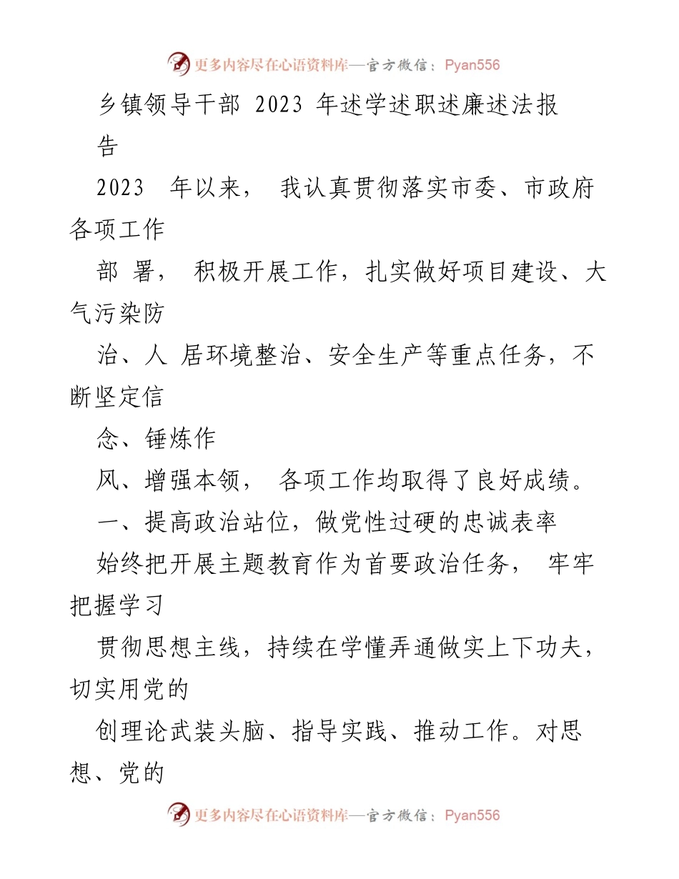[工作总结] 乡镇领导干部述职 - 2023年乡镇领导干部述职报告：落实工作与成效总结.docx_第1页