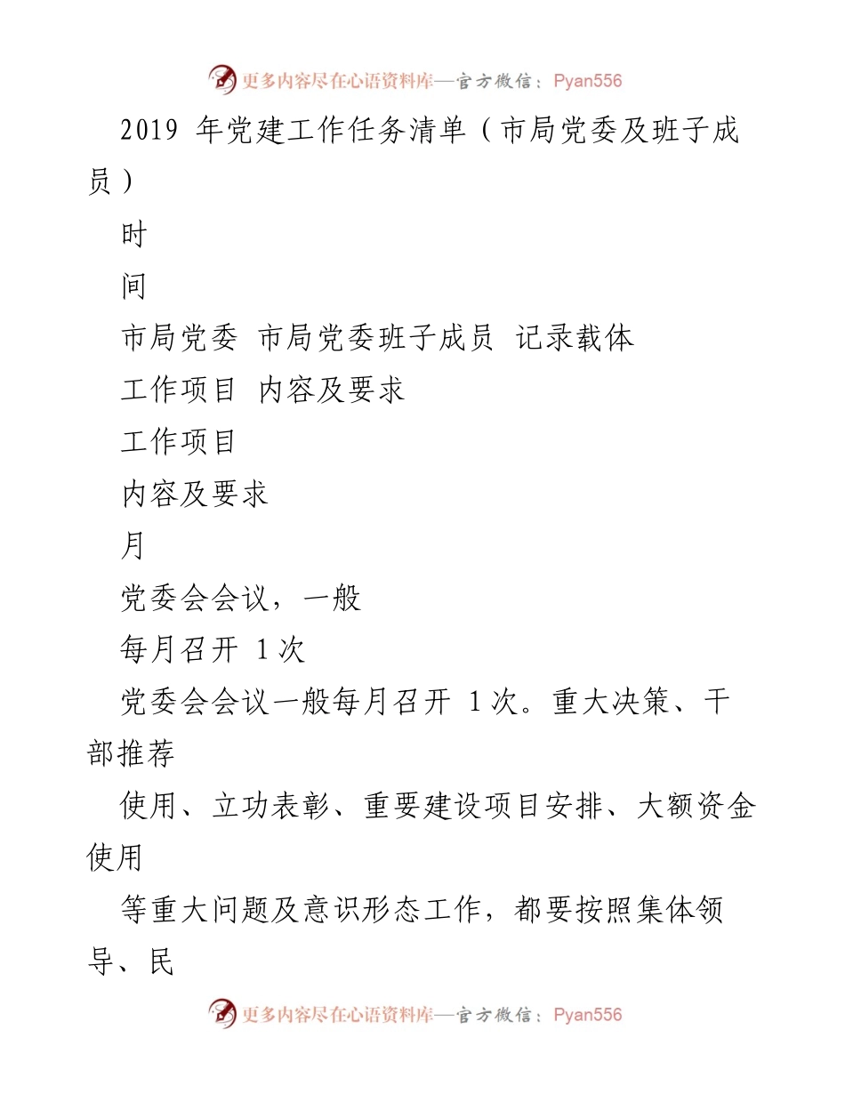 [工作总结] 党建工作 - 2019年市局党委党建工作任务清单.docx_第1页