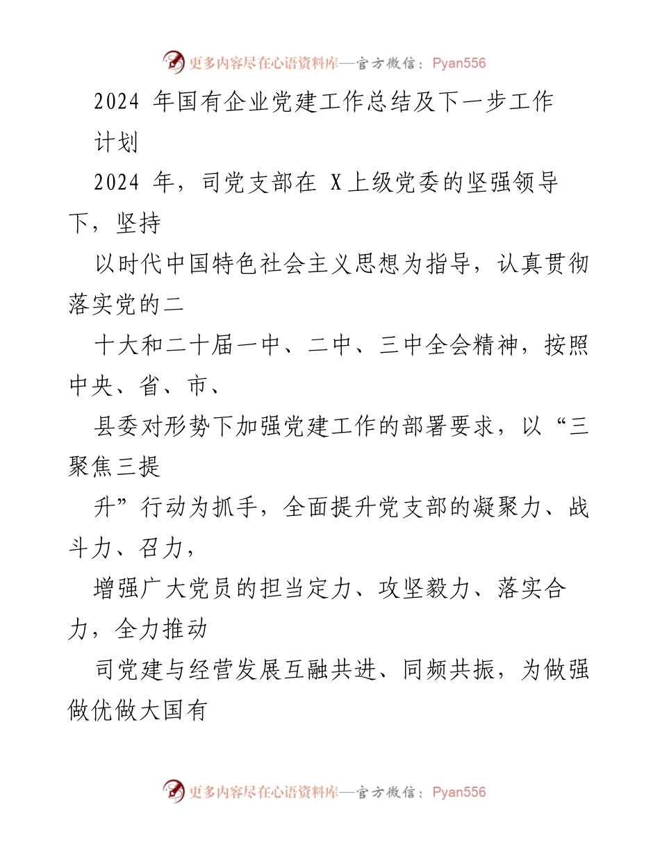 [工作总结] 党建工作 - 2024年国有企业党建工作总结及下一步计划.docx_第1页