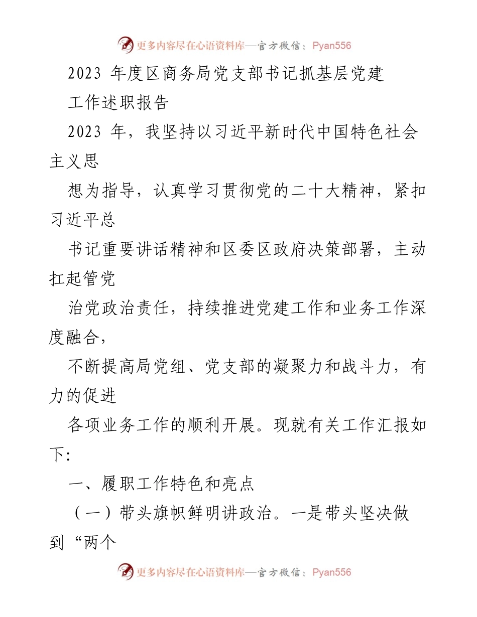 [工作总结] 党建工作 - 2023年度区商务局党支部书记抓基层党建工作述职报告.docx_第1页