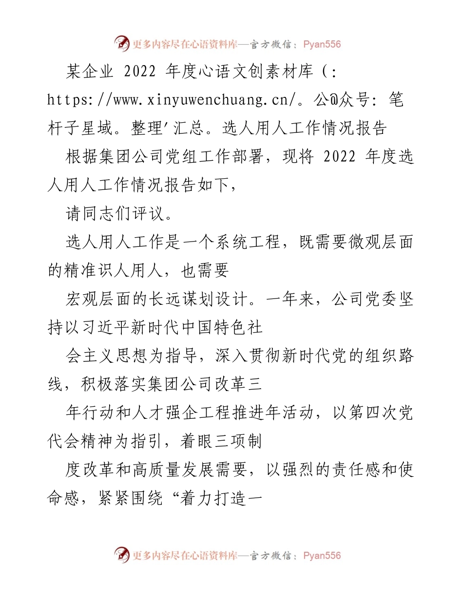 [工作总结] 企业年度工作 - 2022年度选人用人工作情况报告.docx_第1页