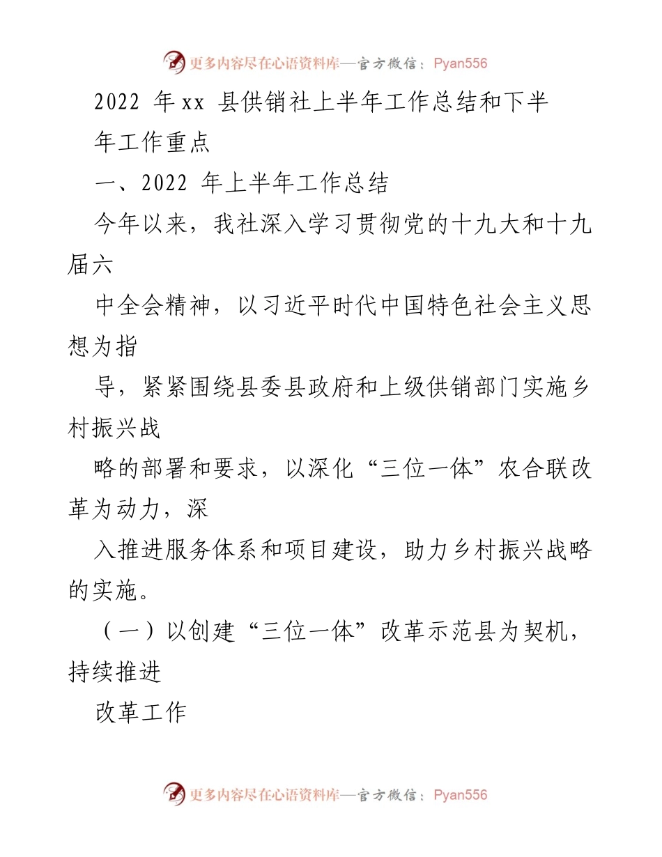 [工作总结] 供销社 - 2022年上半年工作总结与下半年工作重点.docx_第1页