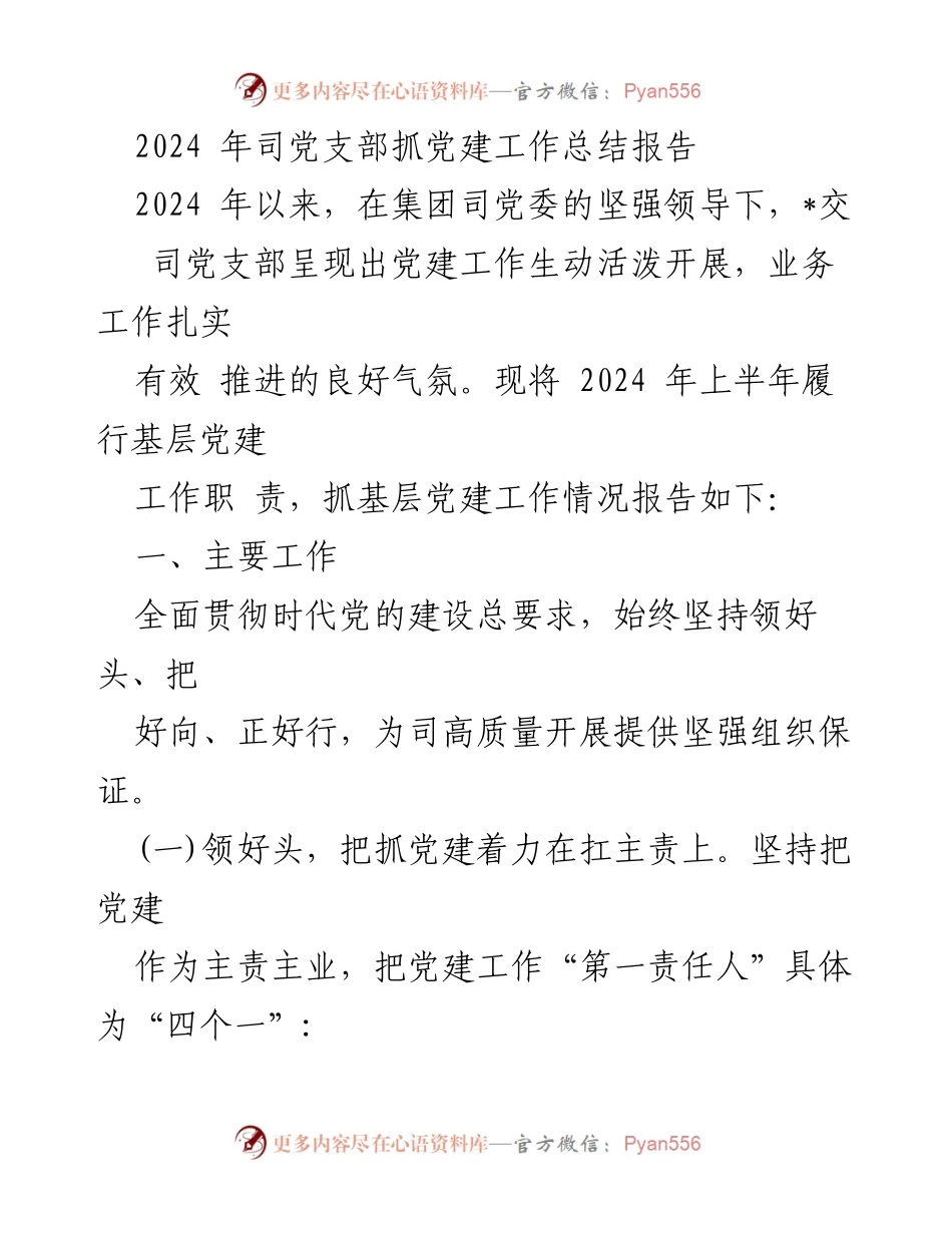 [工作总结] 党建工作 - 2024年司党支部党建工作总结报告.docx_第1页