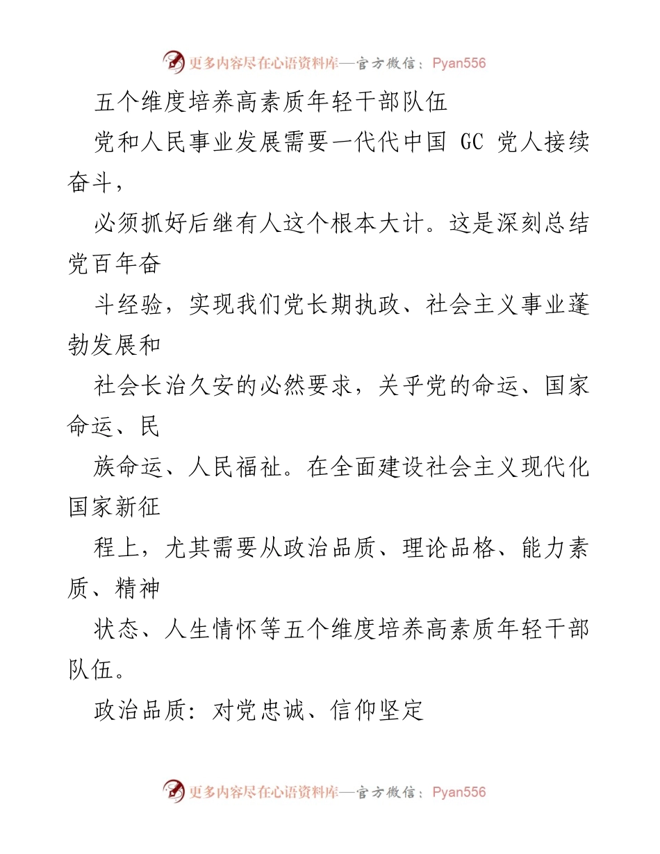 [工作总结] 党务培训 - 培养高素质年轻干部的重要性与五个维度解析.docx_第1页