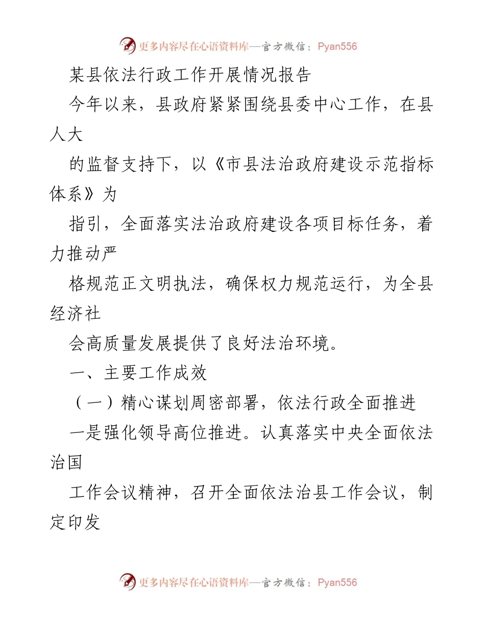 [工作总结] 依法行政工作 - 某县依法行政工作开展情况及成效报告.docx_第1页