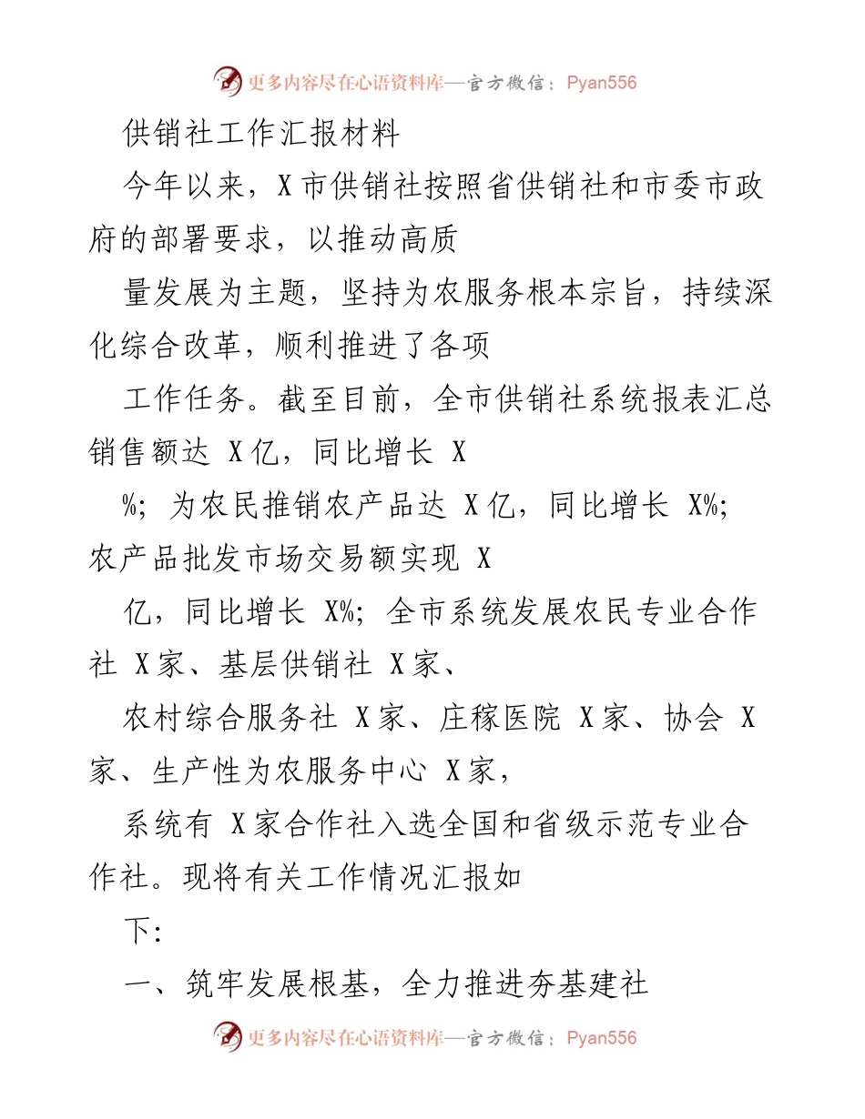 [工作总结] 供销社工作汇报 - 推动高质量发展：X市供销社工作进展汇报.docx_第1页