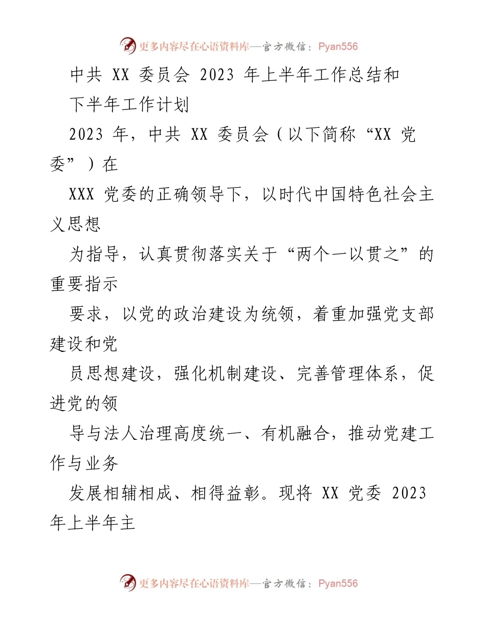 [工作总结] 党委工作 - 2023年上半年工作总结及下半年工作计划.docx_第1页