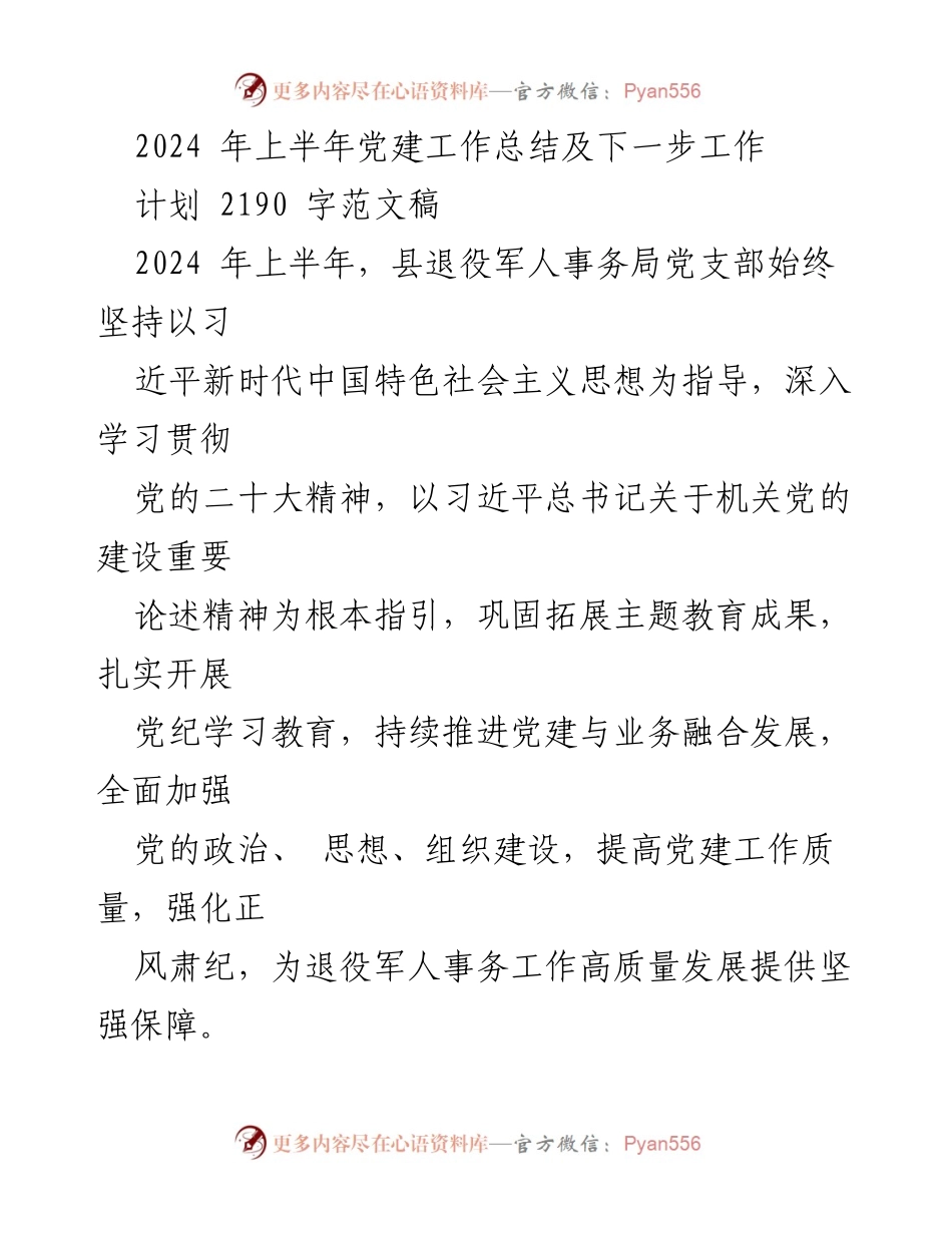 [工作总结] 党建工作 - 2024年上半年党建工作总结及下半年计划_1.docx_第1页