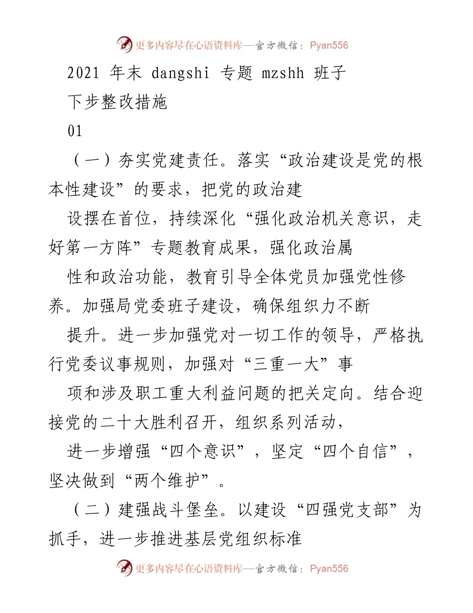 [工作总结] 党建工作会议 - 2021年党建整改措施总结与落实方案.docx_第1页