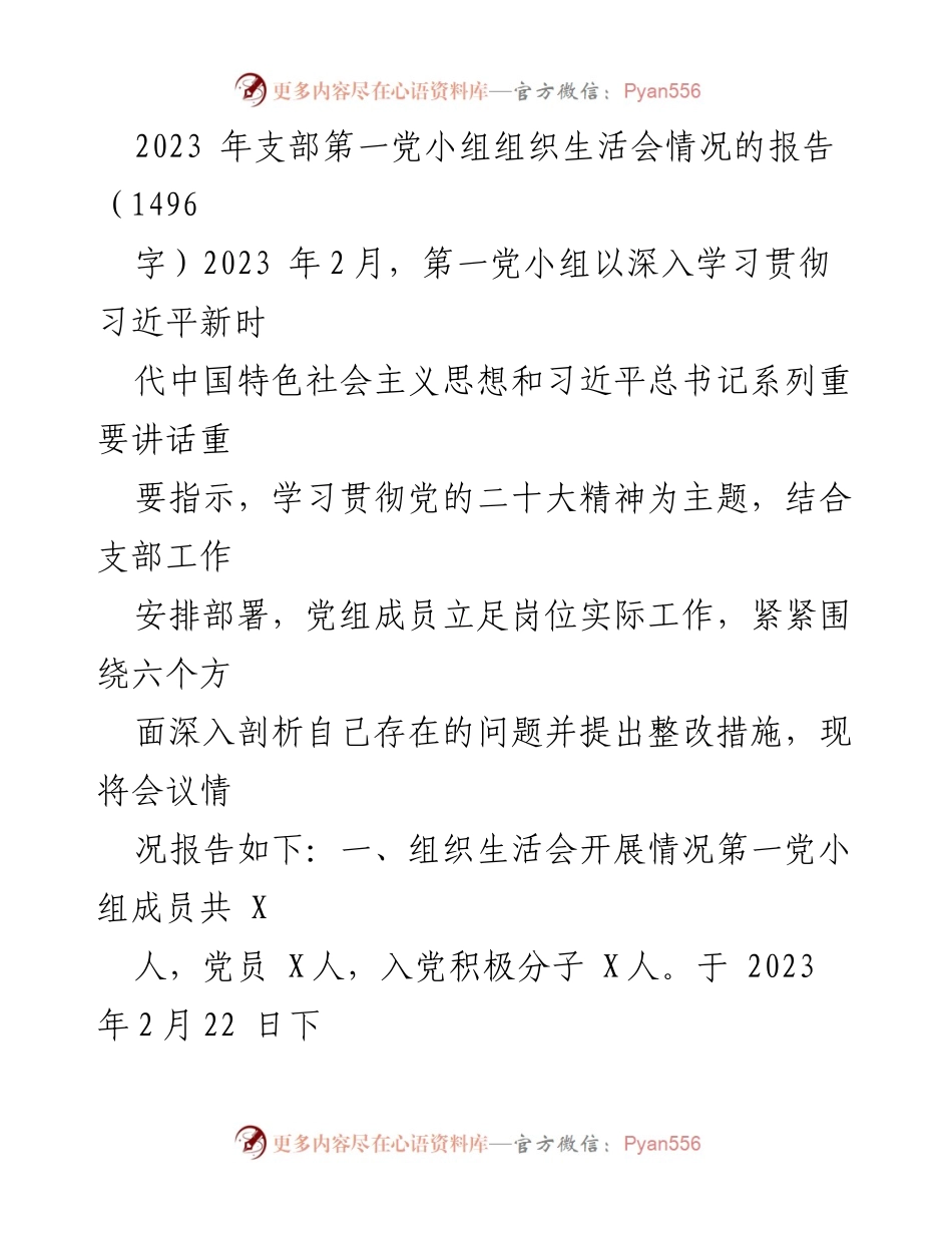[工作总结] 党小组组织生活会 - 2023年第一党小组组织生活会情况报告.docx_第1页
