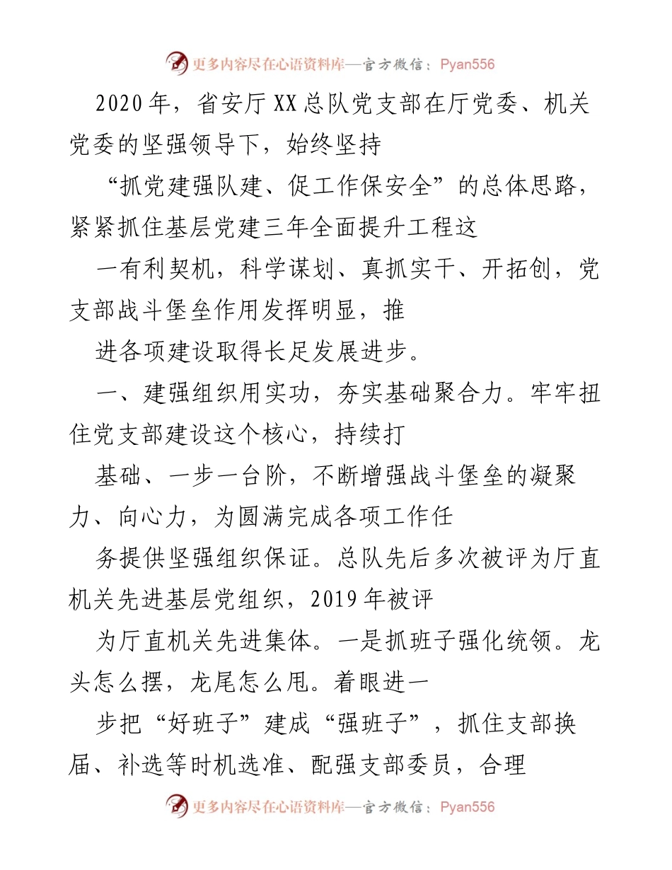 [工作总结] 党建工作 - 2020年度省安厅XX总队党支部党建工作总结.docx_第1页