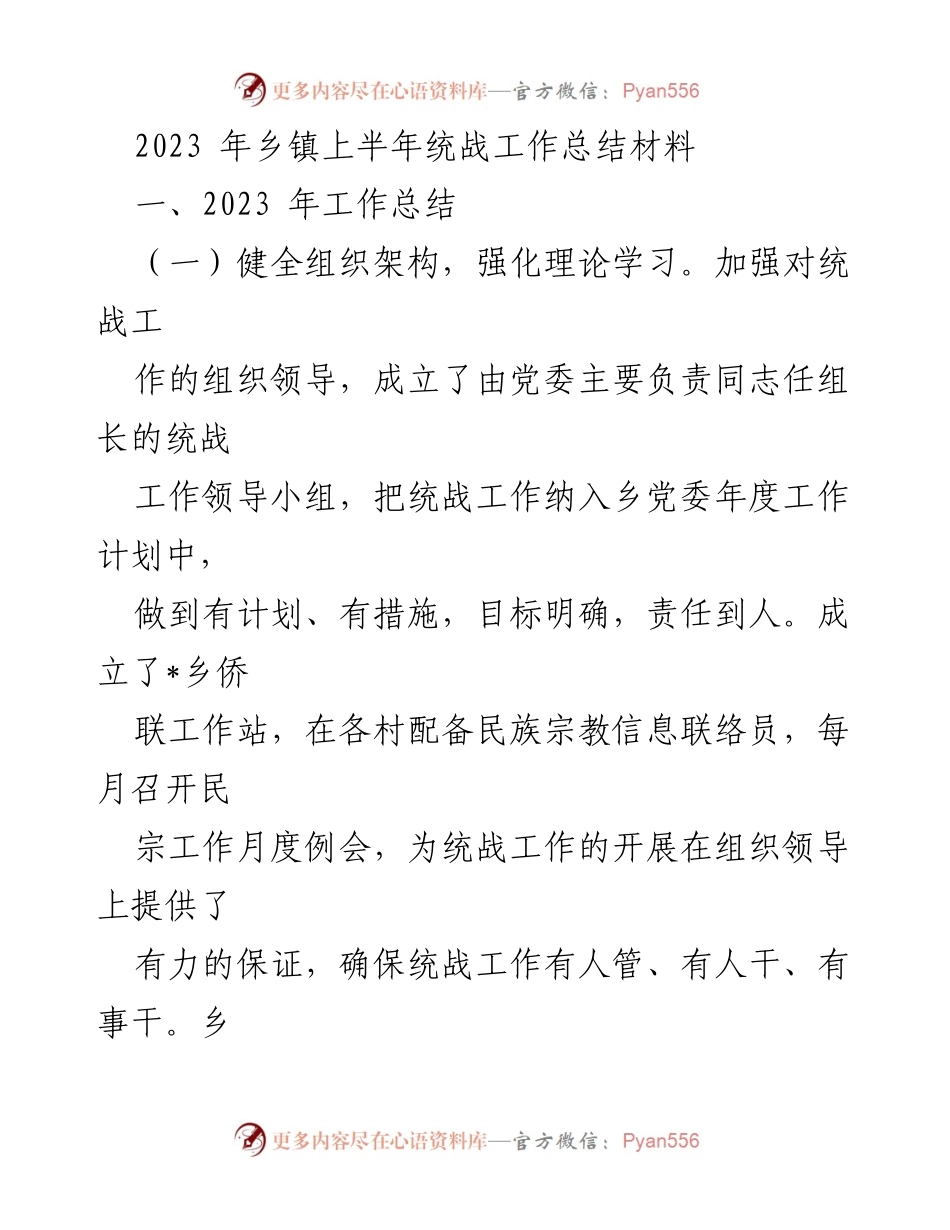 [工作总结] 乡镇统战工作 - 2023年上半年统战工作总结报告.docx_第1页