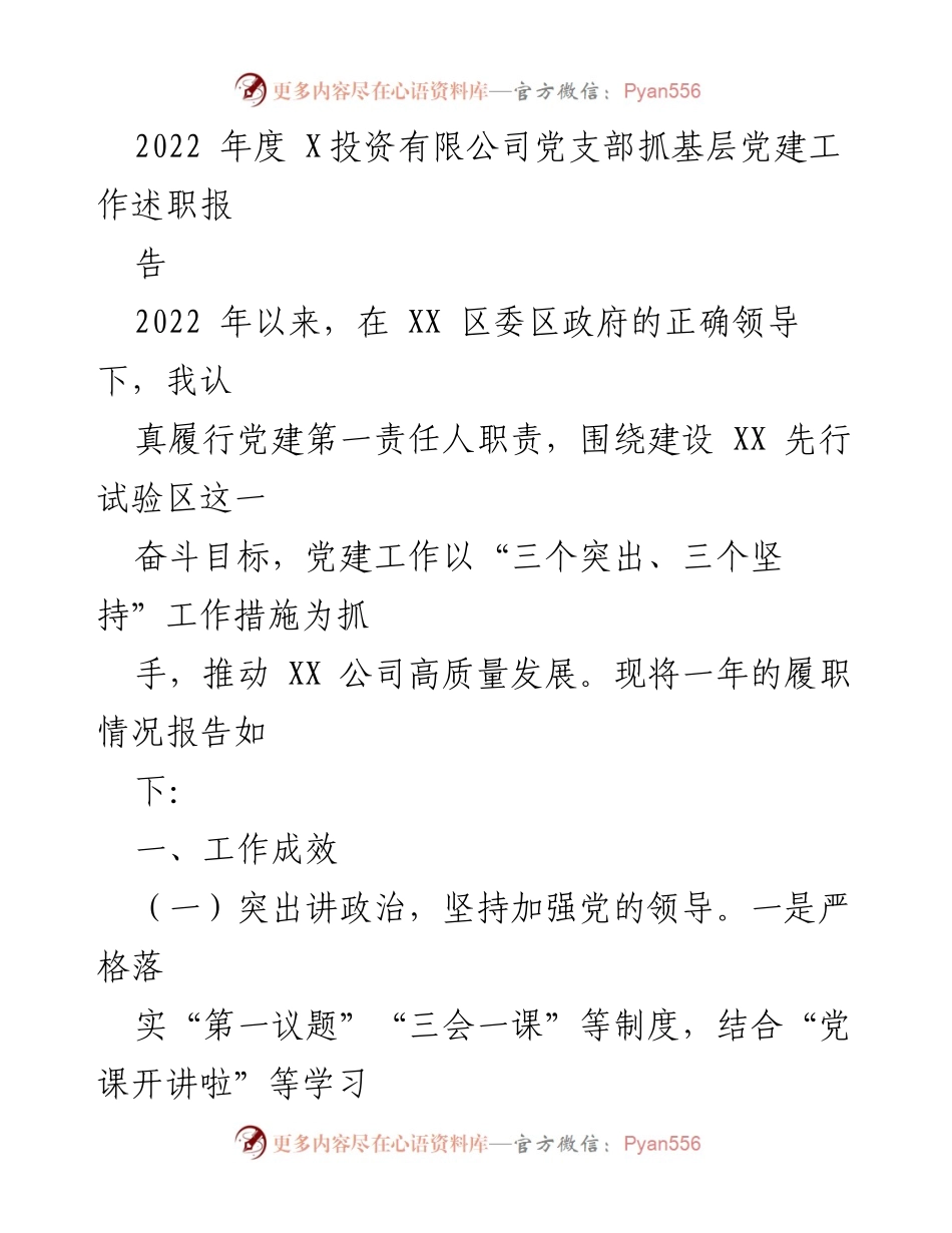 [工作总结] 党建工作 - 2022年度X投资有限公司党支部党建工作述职报告.docx_第1页