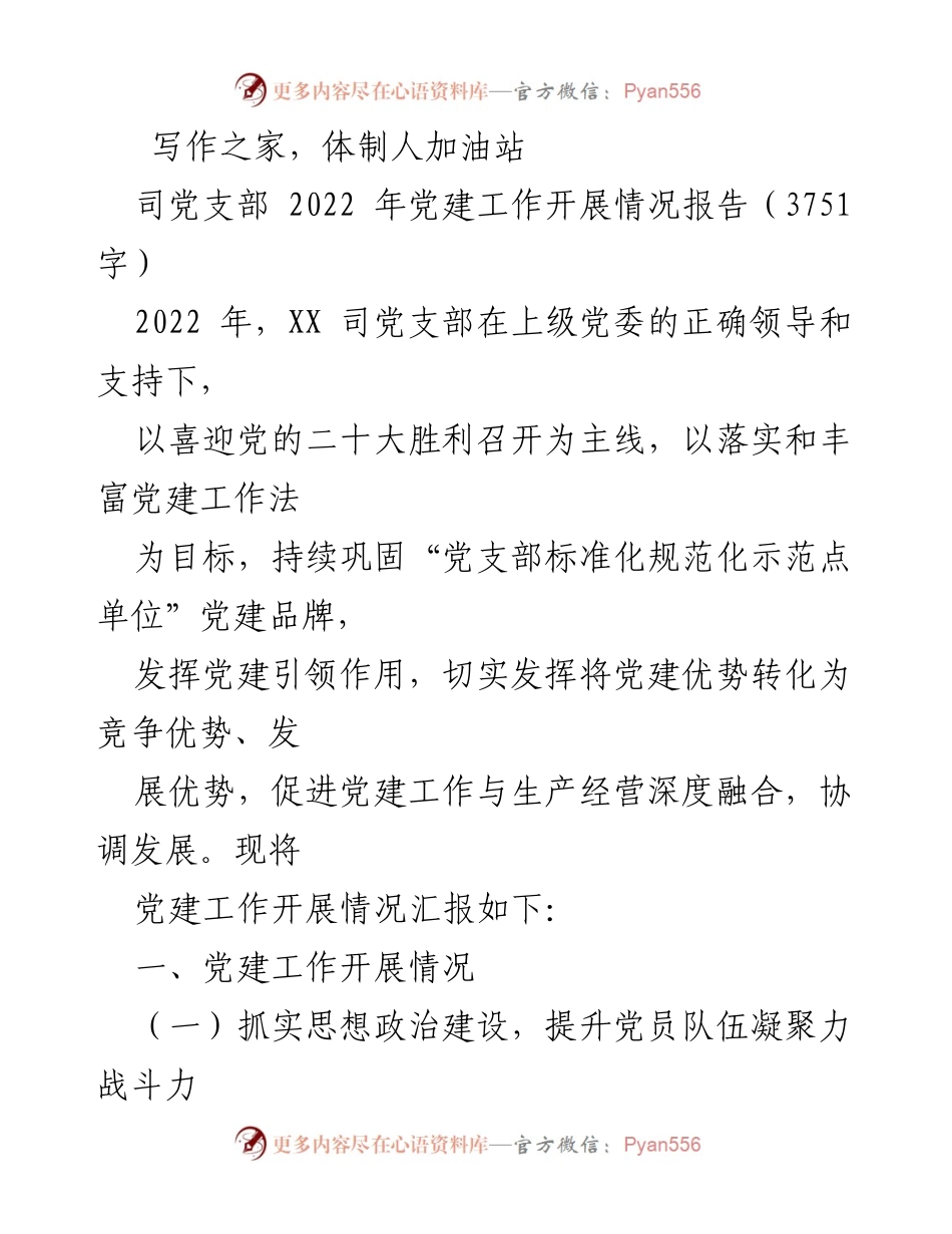 [工作总结] 党建工作 - 2022年XX司党支部党建工作开展情况报告.docx_第1页