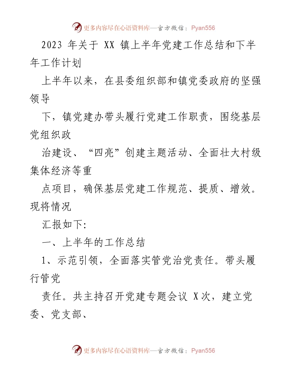 [工作总结] 党建工作 - 2023年XX镇上半年党建工作总结及下半年计划.docx_第1页