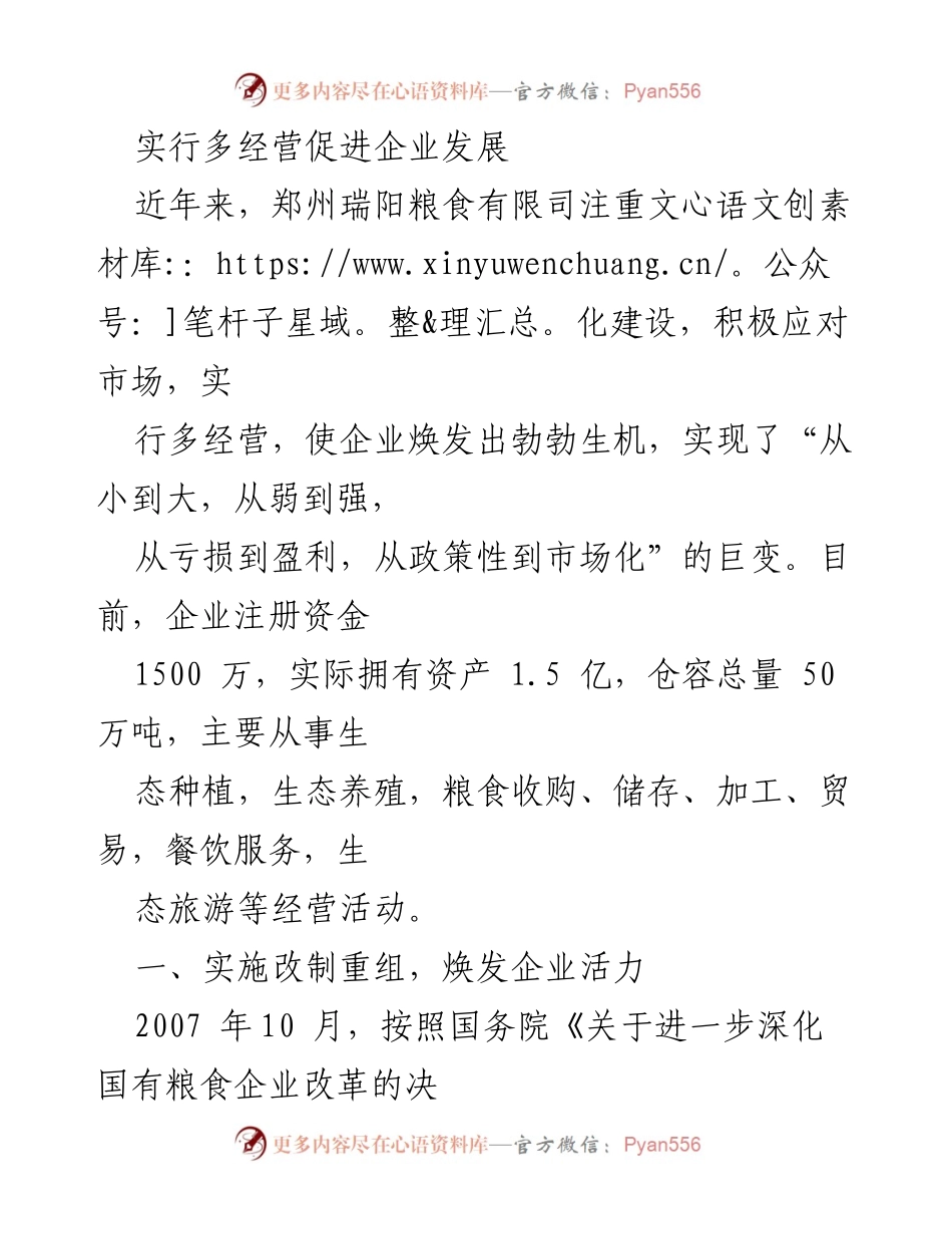 [工作总结] 企业发展 - 郑州瑞阳粮食有限司多经营模式下的转型与发展总结.docx_第1页