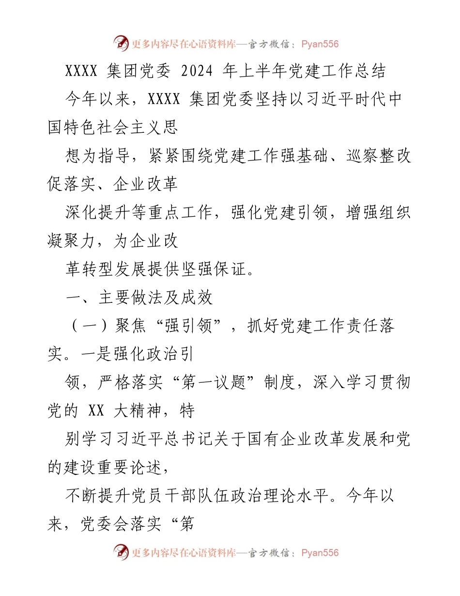 [工作总结] 党建工作 - XXXX集团2024年上半年党建工作总结.docx_第1页