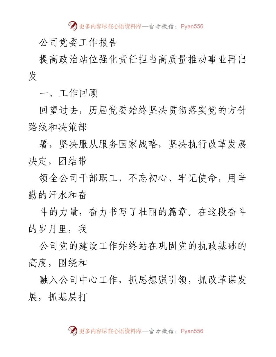 [工作总结] 党委工作会议 - 提升政治站位，推动公司高质量发展.docx_第1页