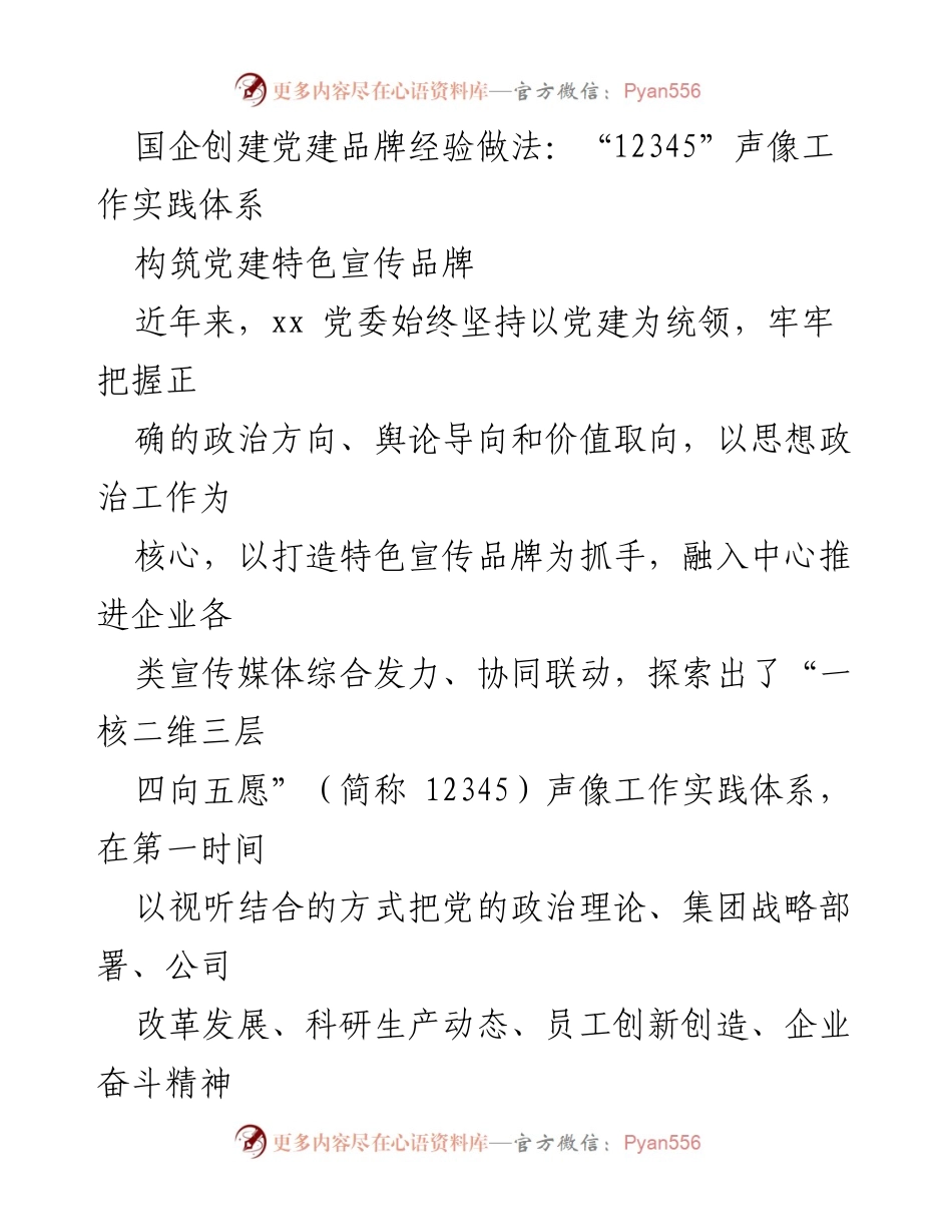 [工作总结] 党建宣传 - 国企党建品牌建设的“12345”声像工作实践体系总结_1.docx_第1页