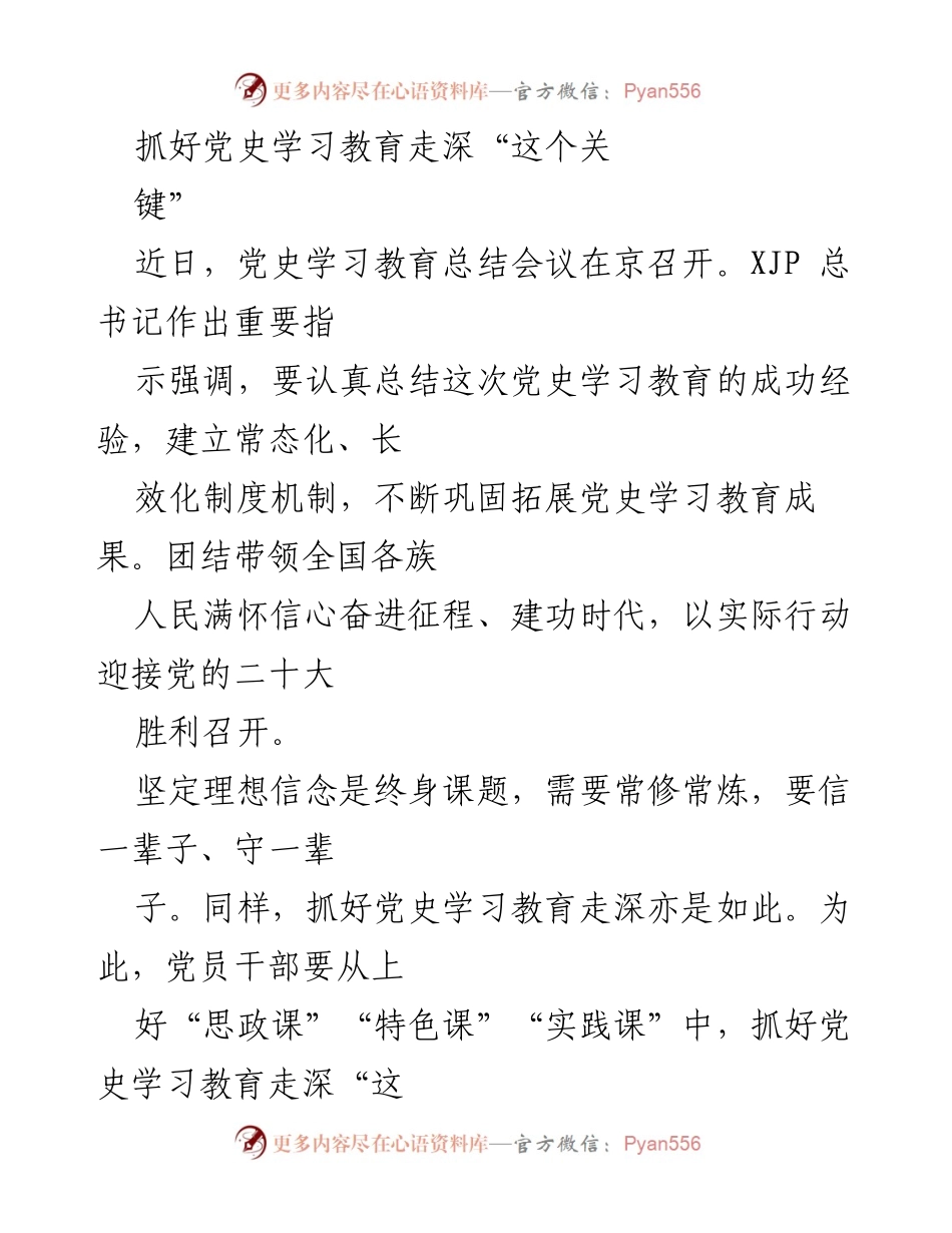 [工作总结] 党史学习教育总结会议 - 深化党史学习教育的关键举措.docx_第1页